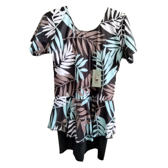 Knaspor Blue Floral Leaf Print Modest One Piece Swimdress Shorts Size 12-14 - Picture 3 of 8